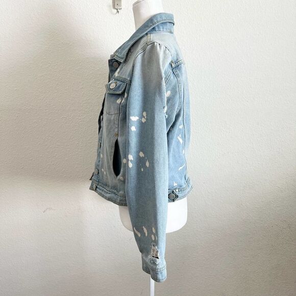 ACTIVE USA Denim Light Wash Distressed Paint Splatter Trashed Blue Jean Jacket L - Picture 2 of 6